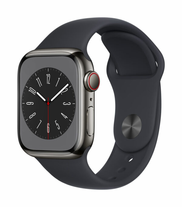 Apple Watch Series 8 (GPS + Cellular) - 41 mm - Graphite Stainless Steel - intelligente Uhr mit Sportband - Flouroelastomer - Midnight - Bandgröße: regelmäßig - 32GB - Wi-Fi, LTE, Bluetooth, UWB - 4G - 42,3 g (MNJJ3FD/A)