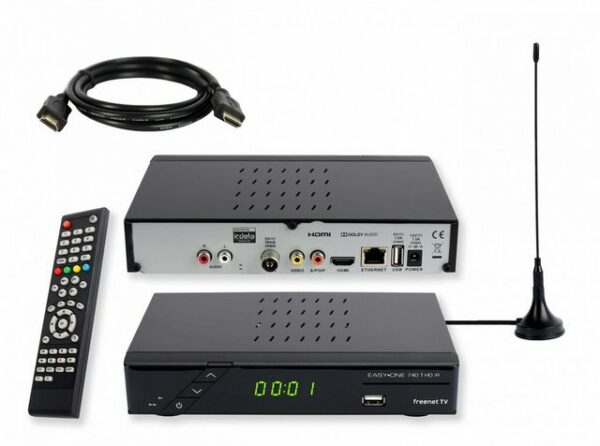 EasyOne 740 HD freenet TV DVB-T2 HD Receiver (2m HDMI Kabel, aktive DVB-T2 Antenne)