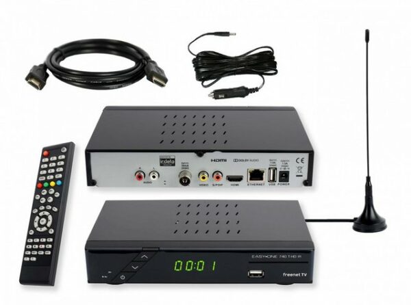 EasyOne 740 HD freenet TV DVB-T2 HD Receiver (2m HDMI & 12V Kabel, Camping, passive DVBT Antenne)