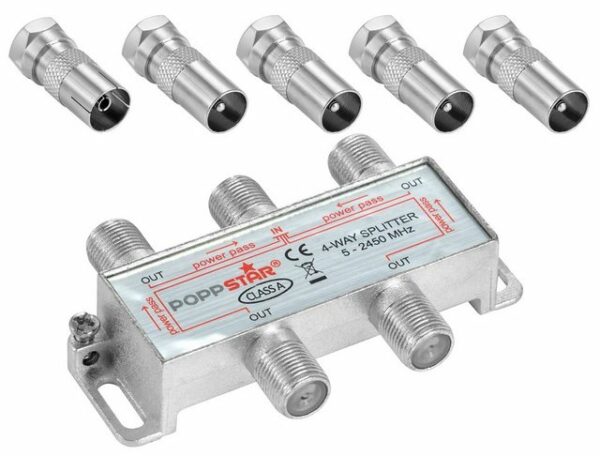 Poppstar Sat-Verteiler Splitter analog/digital SAT-Antenne (Umschalter 4-fach für TV Antenne Satellit Kabel Fernseher Radio LNB)