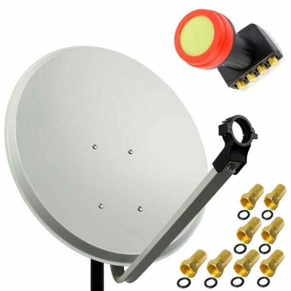 PremiumX 45cm Satellitenschüssel Stahl Hellgrau Sat Antenne SUN Quad LNB Satellitenantenne SAT Anlage 8 F-Stecker 4 TN SAT-Antenne