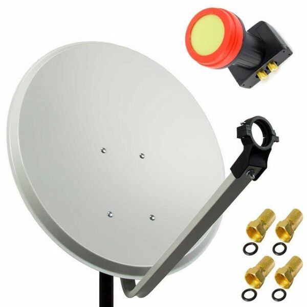 PremiumX 45cm Satellitenschüssel Stahl Hellgrau Sat Antenne SUN Twin LNB Satellitenantenne SAT Anlage 4 F-Stecker 2 TN SAT-Antenne