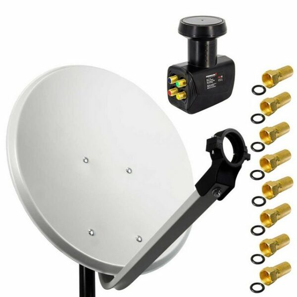 PremiumX 45cm Satellitenschüssel Stahl Hellgrau Satelliten-Antenne SAT Anlage Quad LNB 8x F-Stecker 4 Teilnehmer SAT-Antenne