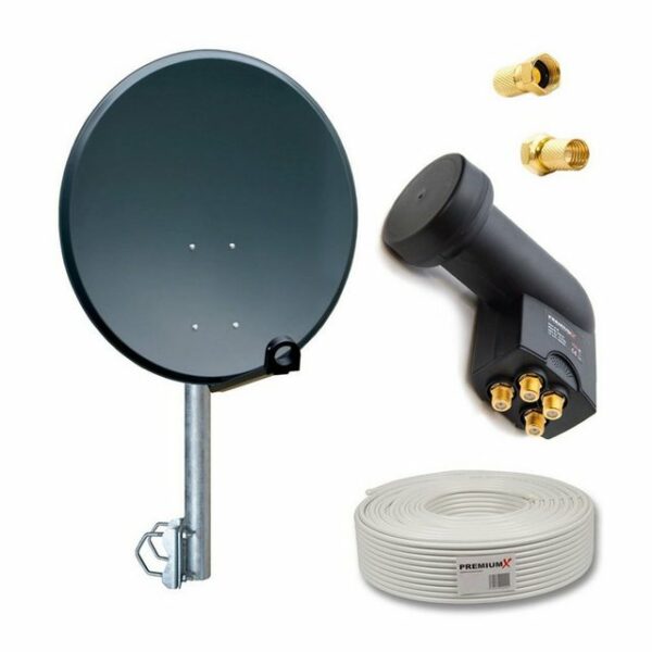 PremiumX Balkon Satelliten-Komplettanlage 4 Teilnehmer 60cm SAT Antenne Quad LNB 10m Kabel 8x F-Stecker Balkonhalter SAT-Antenne