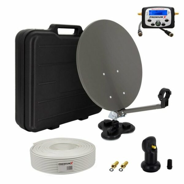 PremiumX Camping Sat Anlage inklusive Sat-Finder mit eingebautem Kompass Single LNB 10m Koaxial Kabel 2x F-Stecker kompakt im Koffer als ideales Camping Zubehör SAT-Antenne