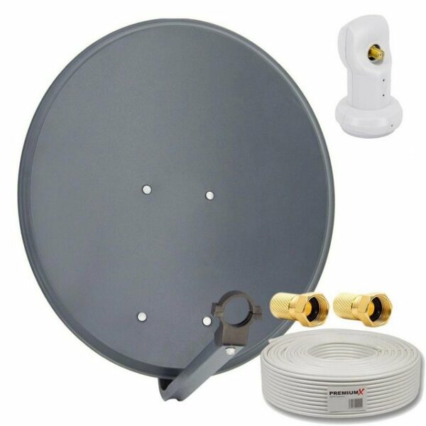 PremiumX Camping Satelliten-Komplettanlage 60cm Satellitenschüssel Anthrazit SAT Single LNB 10m Kabel 2x F-Stecker SAT-Antenne