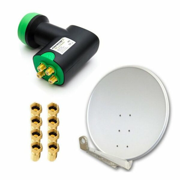 PremiumX DELUXE SAT Anlage für 4 Empfänger 100cm Satellitenantenne ALU Hellgrau mit Green Diamond Quad LNB inkl. 8x F-Stecker SAT-Antenne