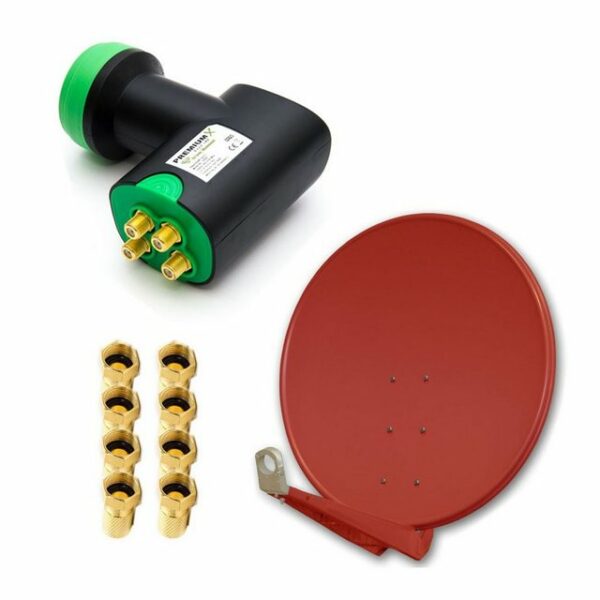 PremiumX DELUXE SAT Anlage für 4 Empfänger 100cm Satellitenantenne ALU Ziegelrot mit Green Diamond Quad LNB inkl. 8x F-Stecker SAT-Antenne