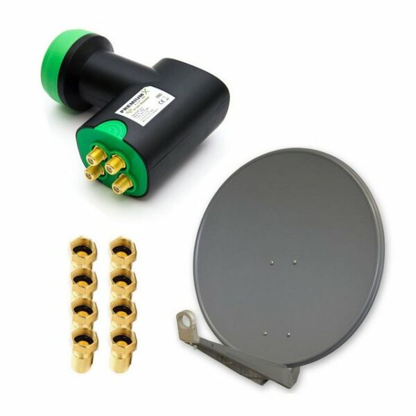 PremiumX DELUXE SAT Anlage für 4 Empfänger 85cm Satellitenantenne ALU Anthrazit mit Green Diamond Quad LNB inkl. 8x F-Stecker SAT-Antenne