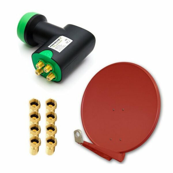 PremiumX DELUXE SAT Anlage für 4 Empfänger 85cm Satellitenantenne ALU Ziegelrot mit Green Diamond Quad LNB inkl. 8x F-Stecker SAT-Antenne