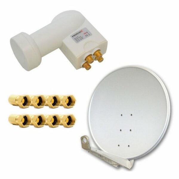 PremiumX DELUXE SAT Anlage für 4 Teilnehmer 100cm Satellitenantenne ALU Hellgrau mit Quad LNB inkl. 8x F-Stecker SAT-Antenne