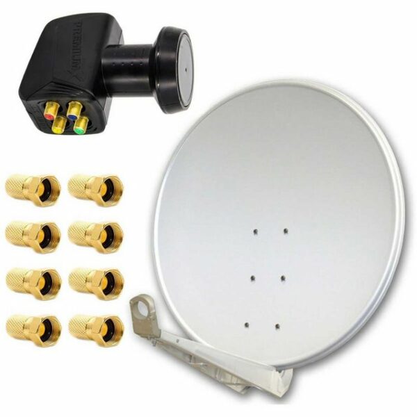 PremiumX DELUXE100 cm Hellgrau Sat Schüssel Satelliten Antenne Spiegel Alu mit einem Quad LNB 4 Teilnehmer für den Direktanschluss mit F-Stecker SAT-Antenne