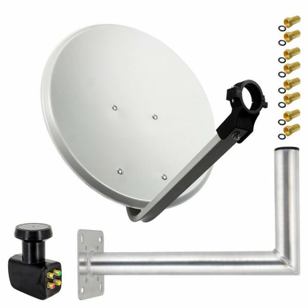 PremiumX SAT Anlage 45cm Hellgrau Satelliten-Antenne Stahl Satellitenschüssel Quad LNB Wandhalter 45cm ALU 8x F-Stecker 4 Teilnehmer SAT-Antenne