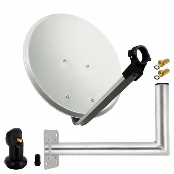 PremiumX SAT Anlage 45cm Hellgrau Satellitenantenne Stahl Satellitenschüssel Single LNB Wandhalter 45cm ALU 1TN 2 Stecker SAT-Antenne