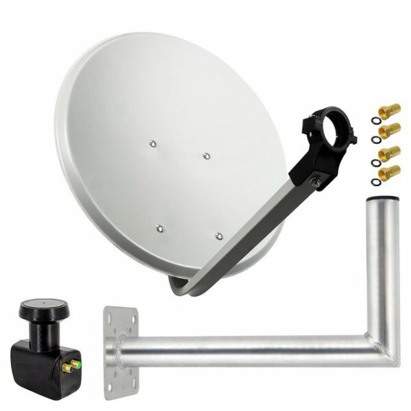 PremiumX SAT Anlage 45cm Hellgrau Satellitenantenne Stahl Satellitenschüssel Twin LNB Wandhalter 45cm ALU 2TN 4 Stecker SAT-Antenne