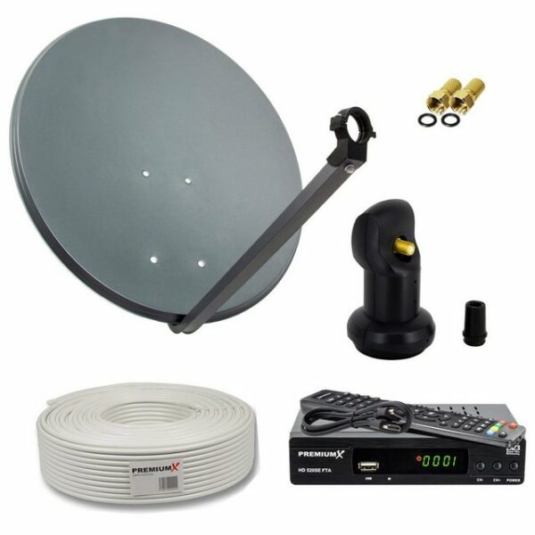 PremiumX SAT Anlage 80cm Satellitenschüssel Single LNB 10m Antennenkabel F-Stecker TV Satelliten-Receiver HDMI-Kabel SAT-Antenne