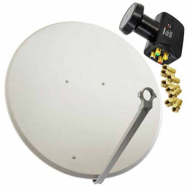 PremiumX Satelliten-Komplettanlage 100cm Satellitenschüssel Aluminium Hellgrau Antenne Quad LNB F-Stecker, SAT bis 4 Teilnehmer SAT-Antenne