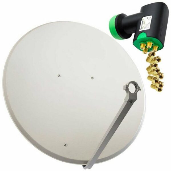 PremiumX Satelliten-Komplettanlage 100cm Satellitenschüssel Aluminium Hellgrau Quad LNB 8x F-Stecker, SAT bis 4 Teilnehmer Receiver SAT-Antenne