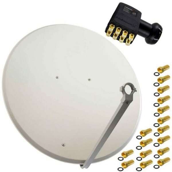 PremiumX Satelliten-Komplettanlage 100cm Satellitenschüssel Aluminium Hellgrau Satellitenantenne Octo LNB F-Stecker SAT 8 Teilnehmer SAT-Antenne