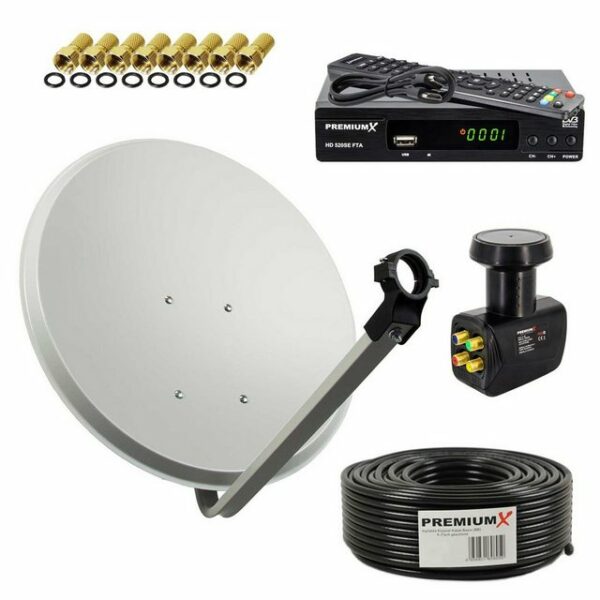 PremiumX Satelliten-Komplettanlage 4 Teilnehmer 60cm Antenne Aluminium Hellgrau Quad LNB 50m Kabel Satelliten-Receiver FullHD SAT-Antenne