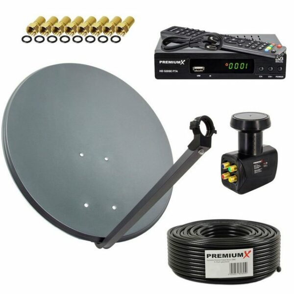 PremiumX Satelliten-Komplettanlage 4 Teilnehmer 60cm Antenne Anthrazit SAT Quad LNB 50m Antennenkabel Satelliten-Receiver FullHD SAT-Antenne