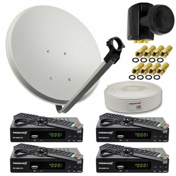 PremiumX Satelliten-Komplettanlage 4 Teilnehmer 60cm Antenne Hellgrau SAT Quad LNB 50m Kabel 4x HDTV Satelliten-Receiver SAT-Antenne