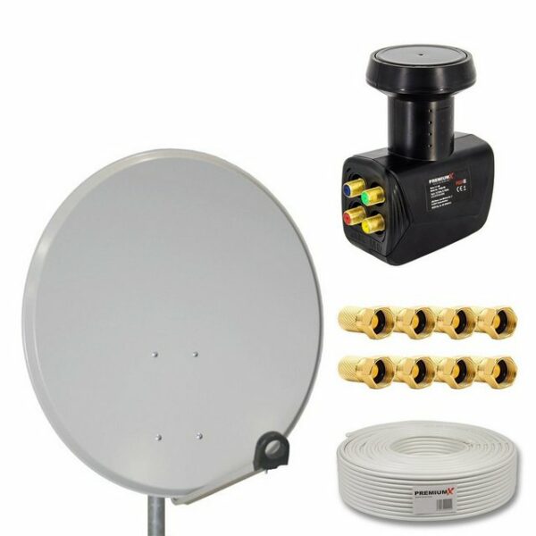 PremiumX Satelliten-Komplettanlage 4 Teilnehmer 80cm Satellitenschüssel Hellgrau SAT Quad LNB 50m Antennenkabel 8x F-Stecker SAT-Antenne