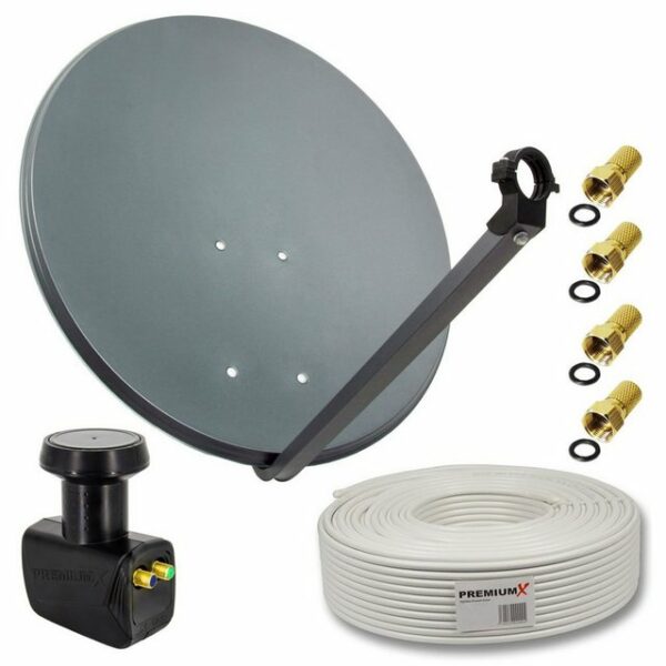 PremiumX Satelliten-Komplettanlage 60cm Antenne Anthrazit Schüssel SAT Twin LNB 30m Antennenkabel 4x F-Stecker SAT-Antenne