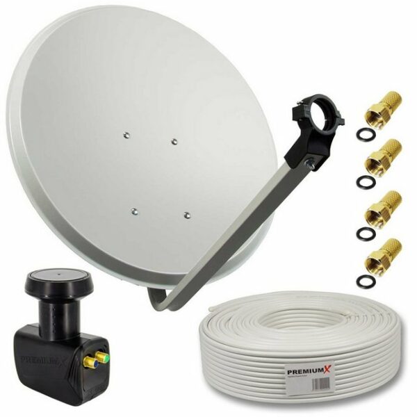 PremiumX Satelliten-Komplettanlage 60cm Antenne SAT Twin LNB 30m Antennenkabel 4x F-Stecker für 2 Teilnehmer SAT-Antenne