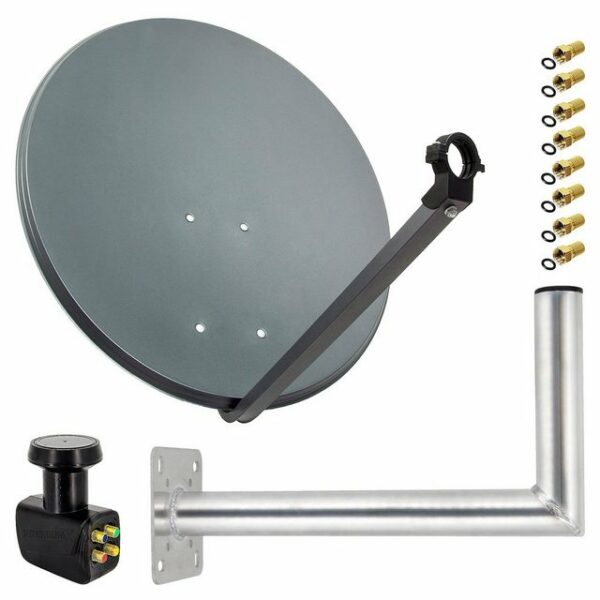 PremiumX Satelliten-Komplettanlage 60cm Anthrazit Satellitenantenne Satellitenschüssel SAT Quad LNB Wandhalter 45cm 8x F-Stecker SAT-Antenne