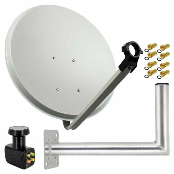 PremiumX Satelliten-Komplettanlage 60cm Hellgrau Satellitenantenne Satellitenschüssel SAT Quad LNB Wandhalter 45cm ALU 8x F-Stecker SAT-Antenne