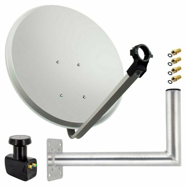 PremiumX Satelliten-Komplettanlage 60cm Satellitenantenne Satellitenschüssel Twin LNB Wandhalter 45cm ALU 2TN 4x F-Stecker SAT-Antenne