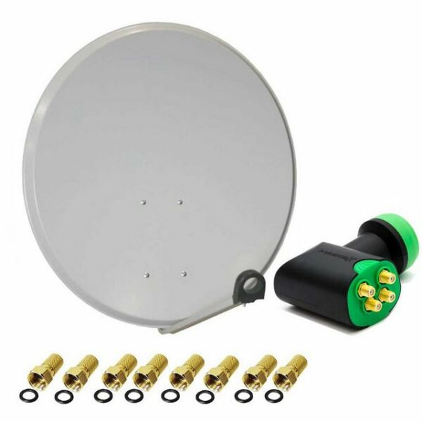 PremiumX Satelliten-Komplettanlage 60cm Satellitenantenne Stahl Hellgrau Green Diamond SAT Quad LNB 8x F-Stecker bis 4 Teilnehmer SAT-Antenne