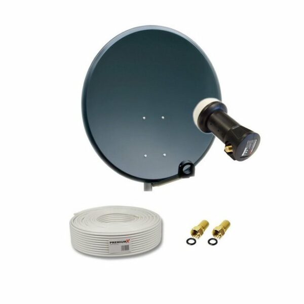 PremiumX Satelliten-Komplettanlage 60cm Satellitenschüssel Anthrazit SAT Deluxe Single LNB 10m Kupfer Kabel 2x F-Stecker SAT-Antenne