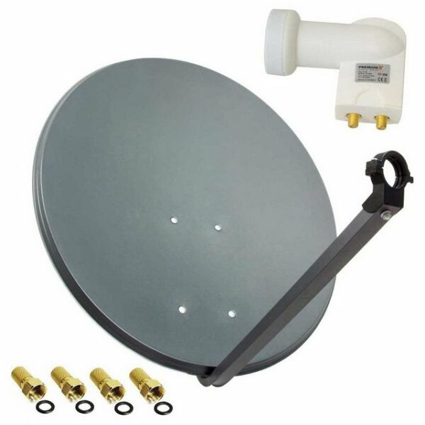 PremiumX Satelliten-Komplettanlage 60cm Satellitenschüssel SAT Antenne Anthrazit Satellitenantenne Twin LNB 4x F-Stecker 2 Teilnehmer SAT-Antenne