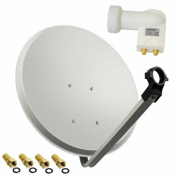 PremiumX Satelliten-Komplettanlage 60cm Satellitenschüssel SAT Antenne Hellgrau Satellitenantenne Twin LNB 4x F-Stecker 2 Teilnehmer SAT-Antenne