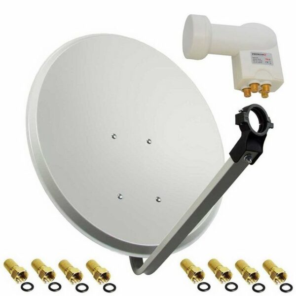 PremiumX Satelliten-Komplettanlage 60cm Satellitenschüssel SAT Antenne Satellitenantenne Quad LNB 8x F-Stecker bis 4 Teilnehmer SAT-Antenne