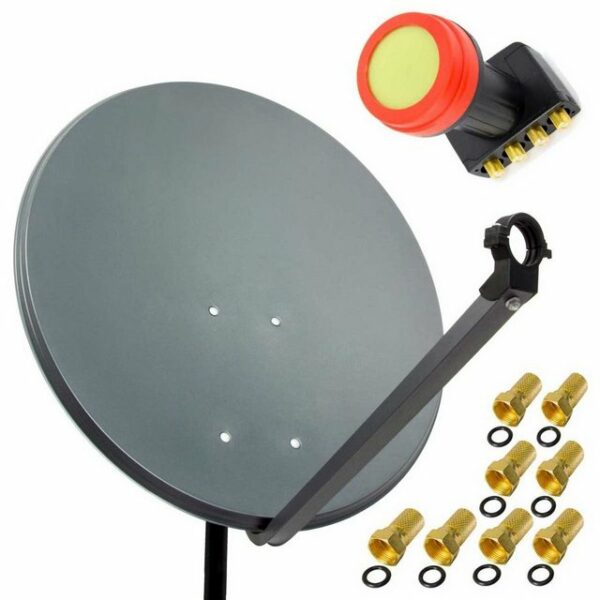 PremiumX Satelliten-Komplettanlage 60cm Satellitenschüssel Stahl Anthrazit Sat Antenne SUN Quad LNB Satellitenantenne 8x F-Stecker SAT-Antenne