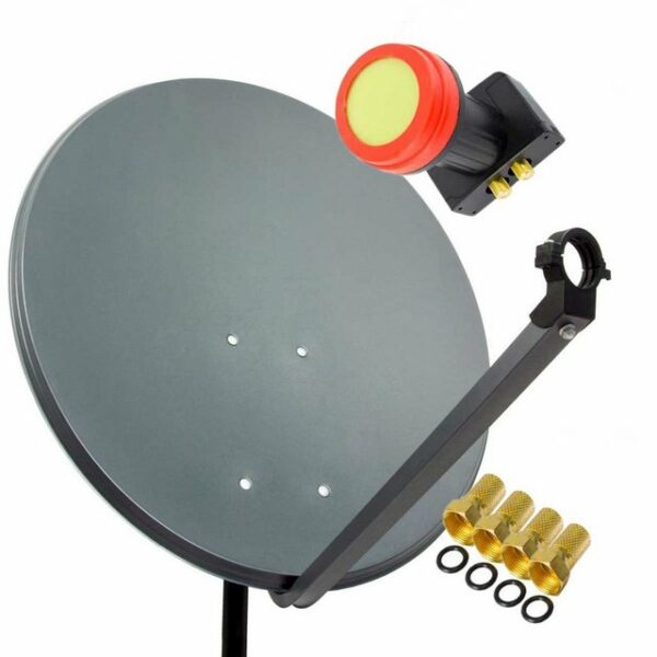 PremiumX Satelliten-Komplettanlage 60cm Satellitenschüssel Stahl Anthrazit Sat Antenne SUN Twin LNB Satellitenantenne 4x F-Stecker SAT-Antenne