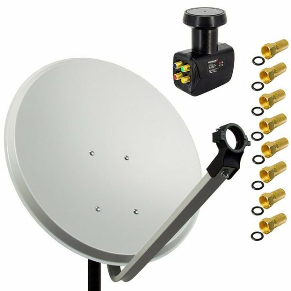 PremiumX Satelliten-Komplettanlage 60cm Satellitenschüssel Stahl Hellgrau Satellitenantenne SAT Quad LNB 8x F-Stecker bis 4 Teilnehmer SAT-Antenne