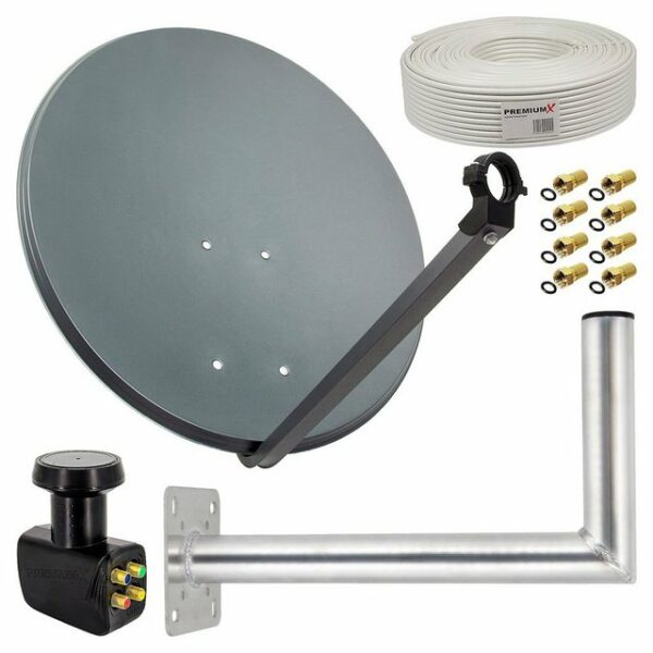 PremiumX Satelliten-Komplettanlage 80cm Antenne Anthrazit Quad LNB 50m Kabel 8x F-Stecker Wandhalter 45cm, SAT für 4 Teilnehmer SAT-Antenne