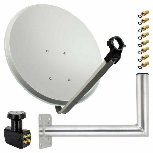 PremiumX Satelliten-Komplettanlage 80cm Hellgrau Satellitenantenne Satellitenschüssel SAT Quad LNB Wandhalter 45cm 8x F-Stecker SAT-Antenne