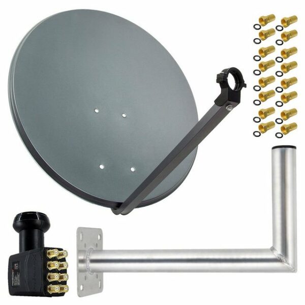 PremiumX Satelliten-Komplettanlage 80cm Satellitenantenne Anthrazit Satellitenschüssel SAT Octo LNB 16x F-Stecker Wandhalter 45cm SAT-Antenne