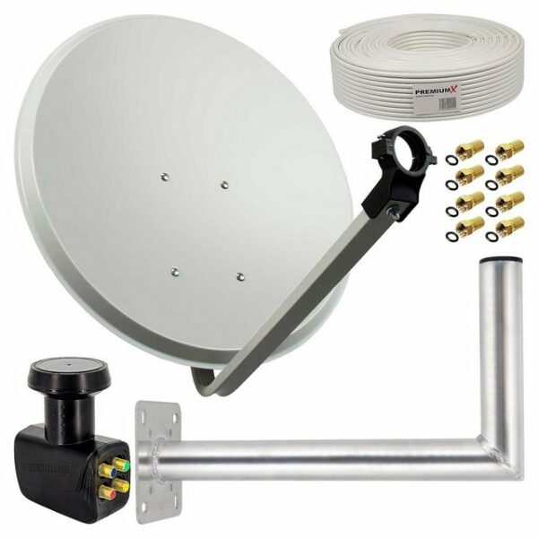 PremiumX Satelliten-Komplettanlage 80cm Satellitenantenne Hellgrau SAT Quad LNB 4 Teilnehmer Kabel 50m F-Stecker Wandhalter 45cm SAT-Antenne