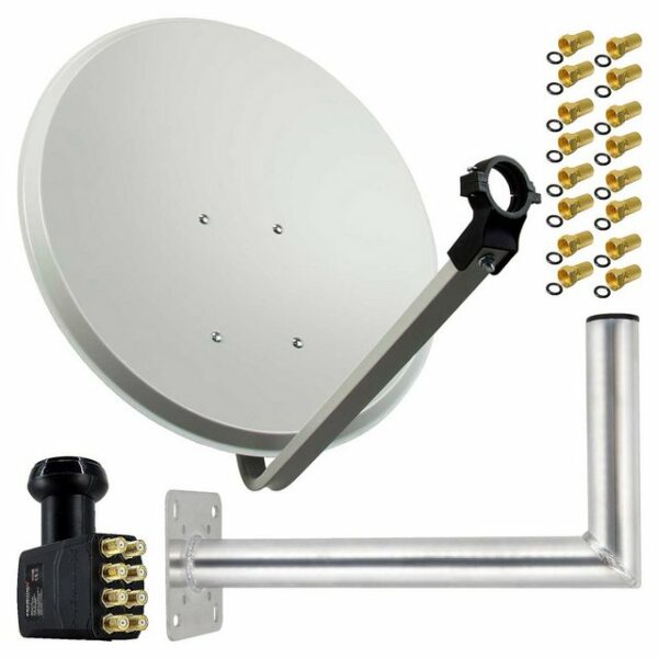 PremiumX Satelliten-Komplettanlage 80cm Satellitenantenne Hellgrau Stahl Satellitenschüssel SAT Octo LNB Wandhalter 45cm ALU 8TN SAT-Antenne