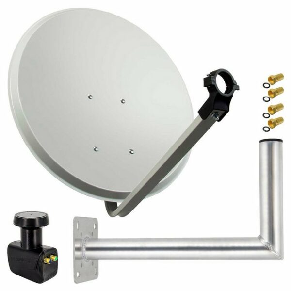 PremiumX Satelliten-Komplettanlage 80cm Satellitenantenne Hellgrau Stahl Satellitenschüssel SAT Twin LNB Wandhalter 45cm ALU 2TN SAT-Antenne