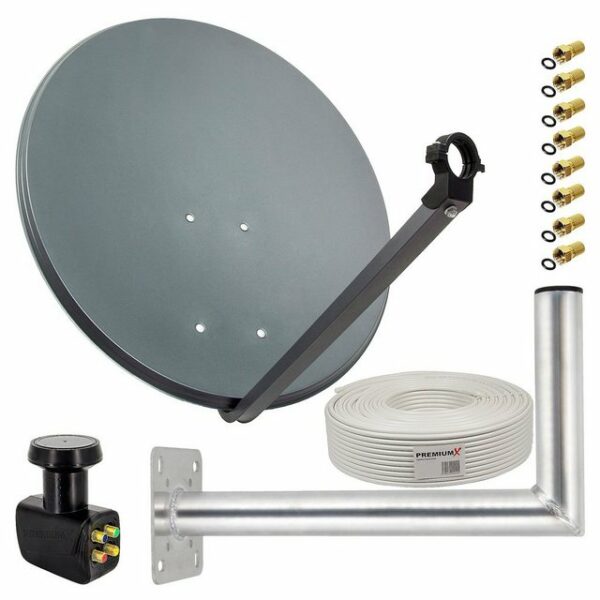 PremiumX Satelliten-Komplettanlage 80cm Satellitenschüssel ALU Quad LNB 50m Kabel F-Stecker 45cm Wandhalter, SAT bis 4 Teilnehmer SAT-Antenne