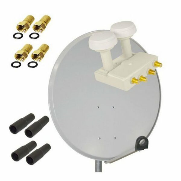 PremiumX Satelliten-Komplettanlage 80cm Satellitenschüssel Aluminium Hellgrau Quad LNB Monoblock Astra Hotbird, 2 SAT 4 Teilnehmer SAT-Antenne