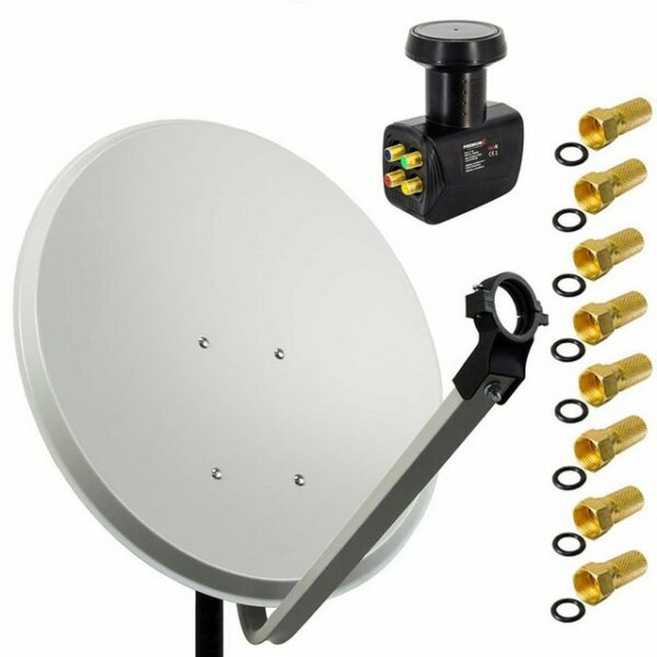 PremiumX Satelliten-Komplettanlage 80cm Satellitenschüssel Aluminium Hellgrau Satellitenantenne Quad LNB F-Stecker SAT 4 Teilnehmer SAT-Antenne