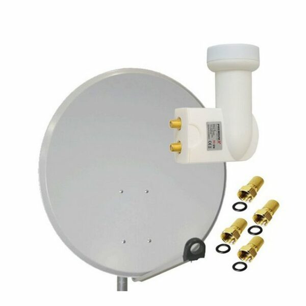 PremiumX Satelliten-Komplettanlage 80cm Satellitenschüssel Aluminium Hellgrau Twin LNB 4x F-Stecker, SAT bis 2 Teilnehmer SAT-Antenne